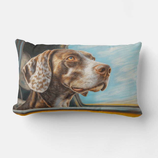 Spotted Dog on a Car Adventure Art Print Lumbar Pillow (Front)