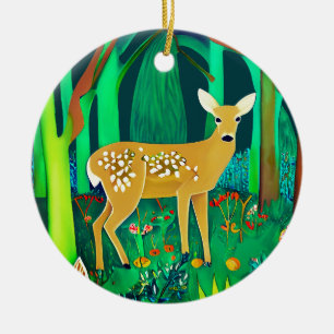 Spotted Fawn in a Fantasy Forest Setting Ceramic Ornament