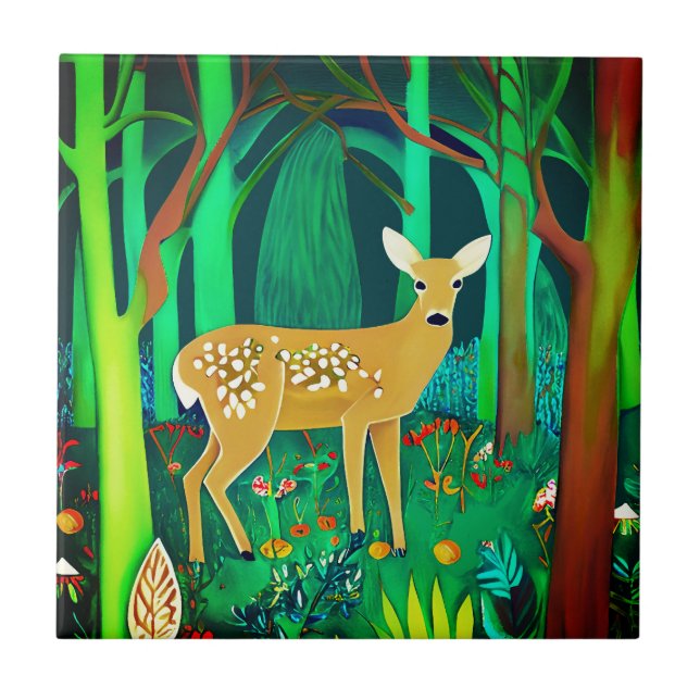 Spotted Fawn in a Fantasy Forest Setting  Ceramic Tile (Front)