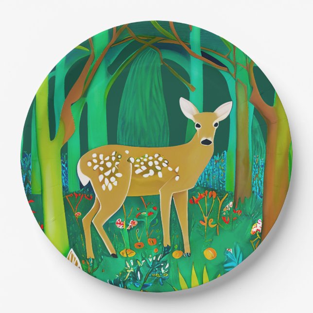 Spotted Fawn in a Fantasy Forest Setting Paper Plates (Front)