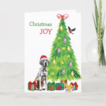 Spotted Great Dane Dog  Bird And Christmas Tree Holiday Card by DogVillage at Zazzle