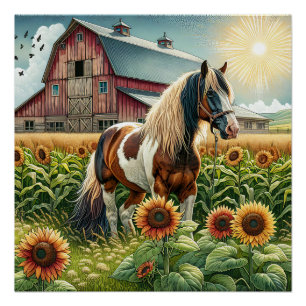 Spotted Horse, Rustic Barn, Sun Rising on Farm Poster