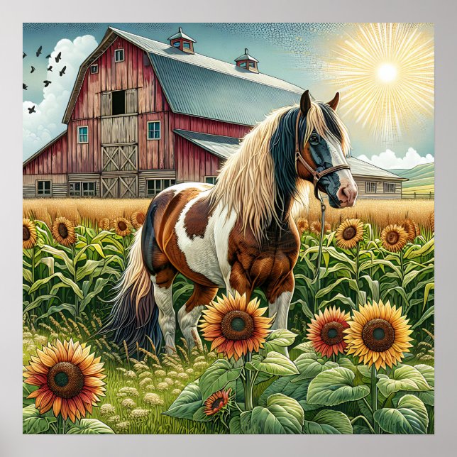 Spotted Horse, Rustic Barn, Sun Rising on Farm Poster (Front)