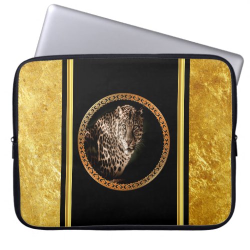 Spotted leopard looking at you with gold foil laptop sleeve