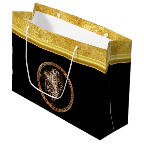 Spotted leopard looking at you with gold foil large gift bag