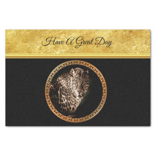 Spotted leopard looking at you with gold foil tissue paper