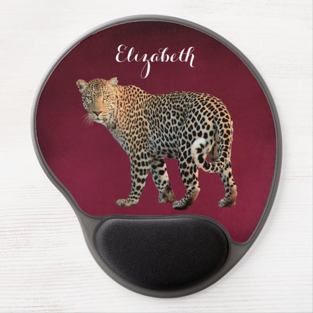 Spotted Leopard Wild Cat Photograph on Regal Red Gel Mouse Pad (Front)