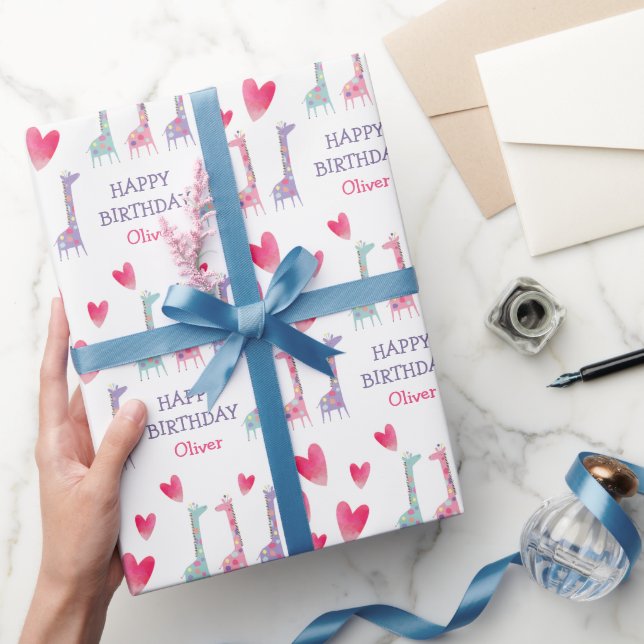 Spotted Pastel Giraffe Pink Hearts Kids Birthday Wrapping Paper (Gifting)