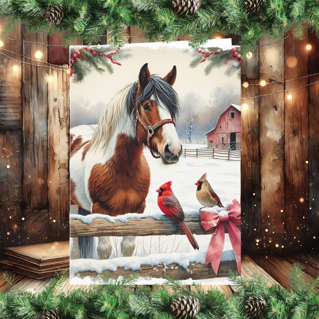 Spotted Pinto Horse and Cardinals Personalized Holiday Card (Creator Uploaded)