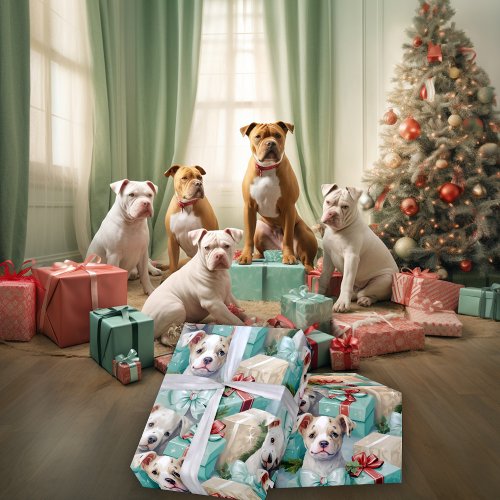  Spotted PitBull Pups Seafoam Green Christmas Wrapping Paper
