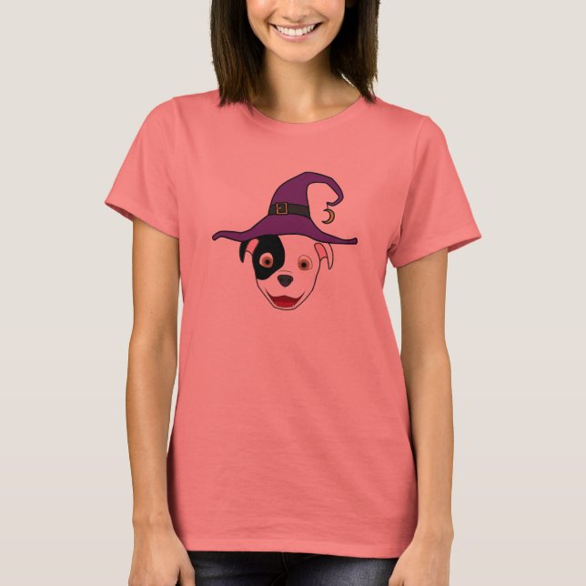 Spotted Pitbull with Witch Hat T-Shirt (Front)