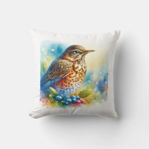 Spotted Thrush in Watercolor AREF751 _ Watercolor Throw Pillow