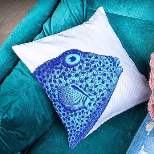Spotted Trunkfish Vintage Fish Blue and White Throw Pillow