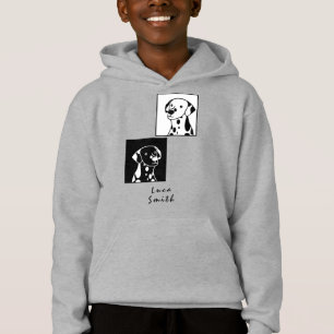 SPOTTY BLACK AND WHITE PUPPY DOGS FRAMED WITH TEXT HOODIE