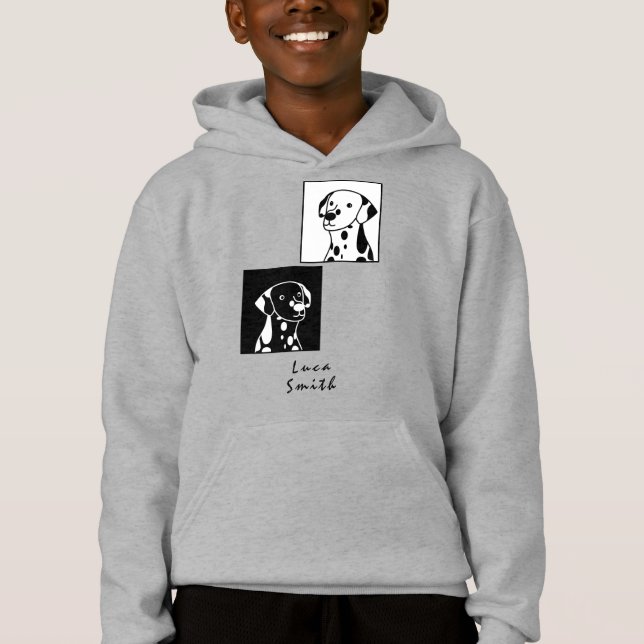SPOTTY BLACK AND WHITE PUPPY DOGS FRAMED WITH TEXT HOODIE (Front)