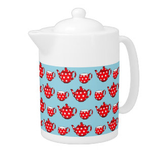 Spotty Red Teapot and Cups Blue Pattern
