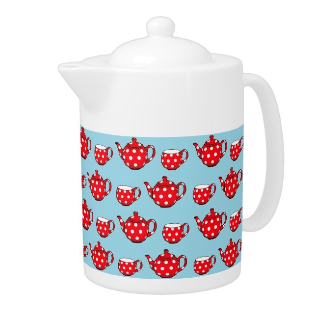 Spotty Red Teapot and Cups Blue Pattern (Right)