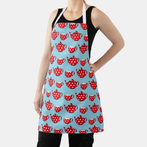 Spotty Red Teapot and Cups Blue Pattern Apron