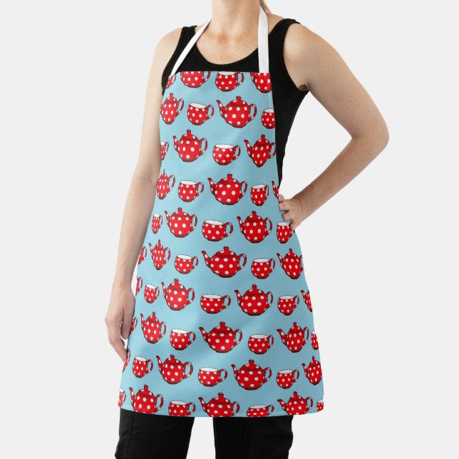 Spotty Red Teapot and Cups Blue Pattern Apron (Insitu)