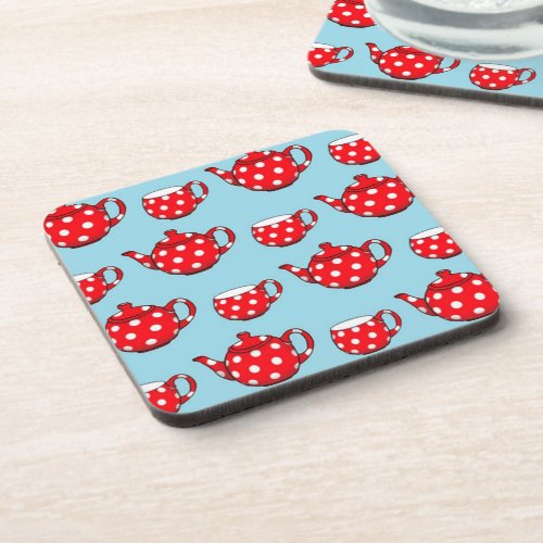 Spotty Red Teapot and Cups Blue Pattern Beverage Coaster