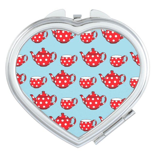 Spotty Red Teapot and Cups Blue Pattern Compact Mirror (Front)