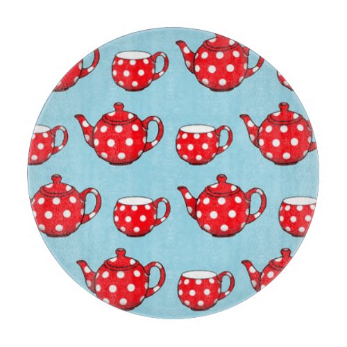 Spotty Red Teapot and Cups Blue Pattern Cutting Board