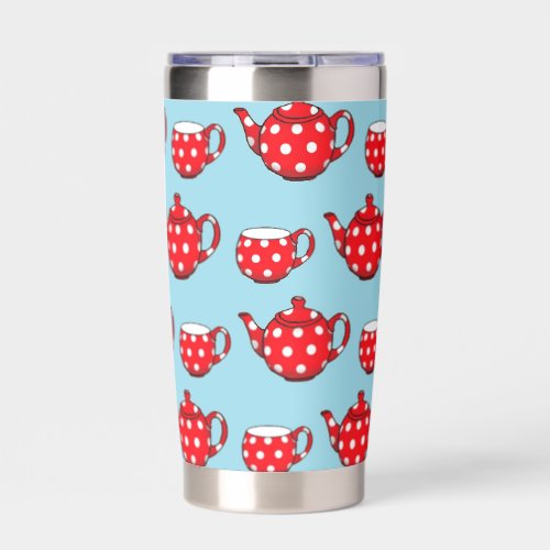 Spotty Red Teapot and Cups Blue Pattern Insulated Tumbler