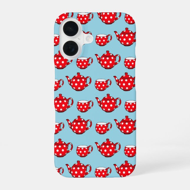 Spotty Red Teapot and Cups Blue Pattern Iphone Case (Back)