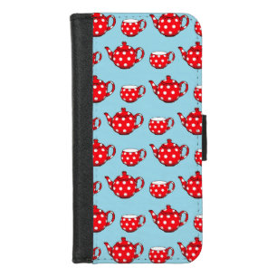 Spotty Red Teapot and Cups Blue Pattern iPhone 8/7 Wallet Case
