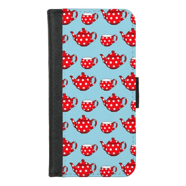Spotty Red Teapot and Cups Blue Pattern iPhone Wallet Case (Front)