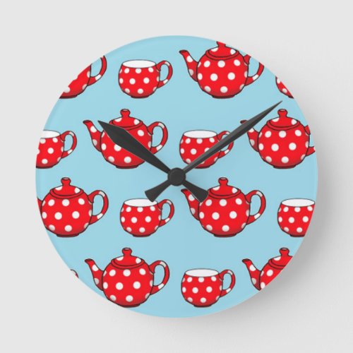 Spotty Red Teapot and Cups Blue Pattern Round Clock