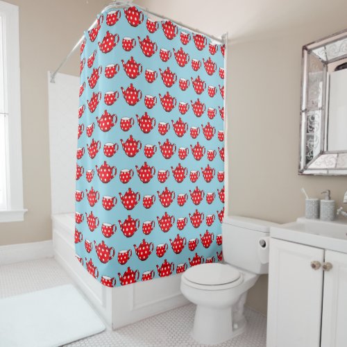 Spotty Red Teapot and Cups Blue Pattern Shower Curtain