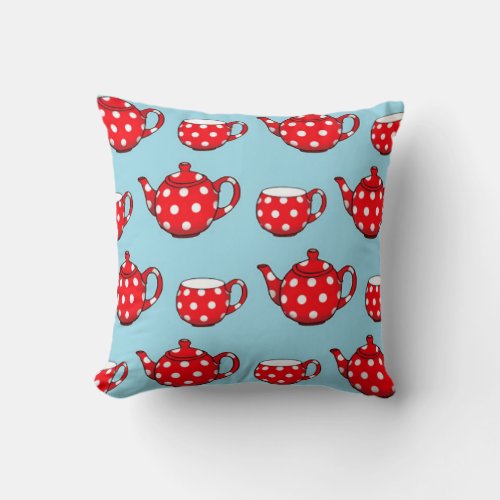 Spotty Red Teapot and Cups Blue Pattern Throw Pillow