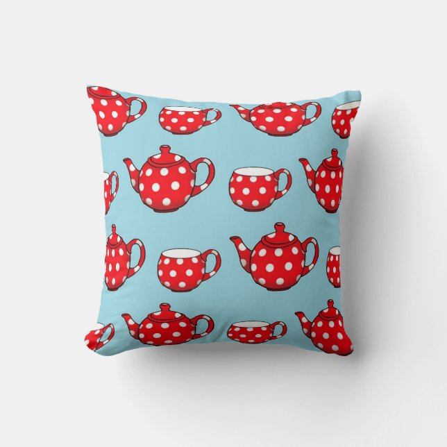 Spotty Red Teapot and Cups Blue Pattern Throw Pillow (Front)