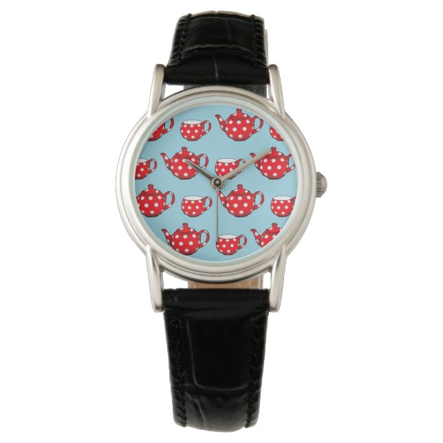 Spotty Red Teapot and Cups Blue Pattern Watch (Front)