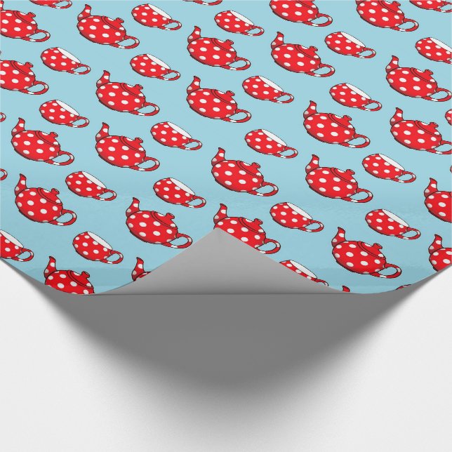 Spotty Red Teapot and Cups Blue Pattern Wrapping Paper (Corner)
