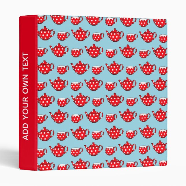 Spotty Red Teapot and Cups Pattern Custom Text 3 Ring Binder (Front/Spine)