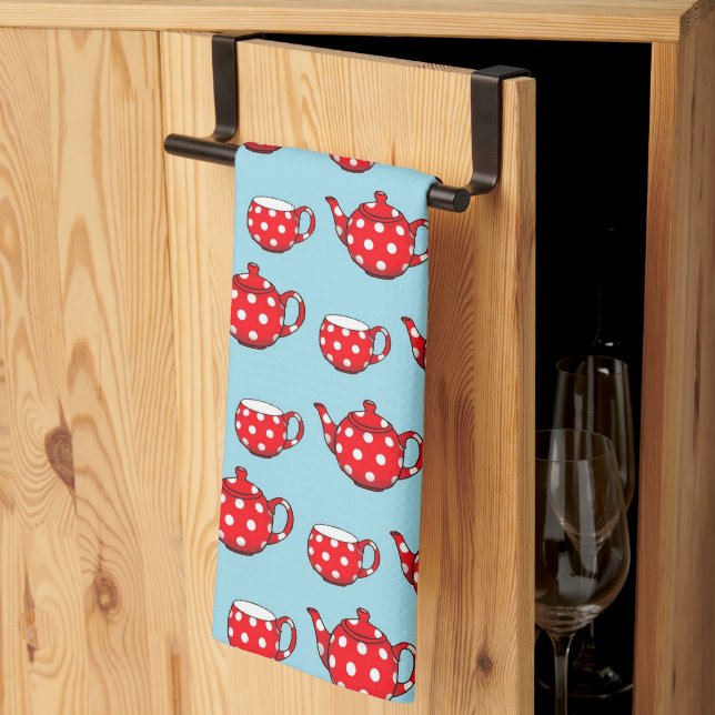 Spotty Red Teapot and Cups Pattern  Kitchen Towel (Thirds Fold)
