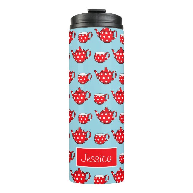 Spotty Red Teapot and Cups Pattern Personalised (Front)