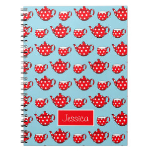 Spotty Red Teapot and Cups Pattern Personalized Notebook