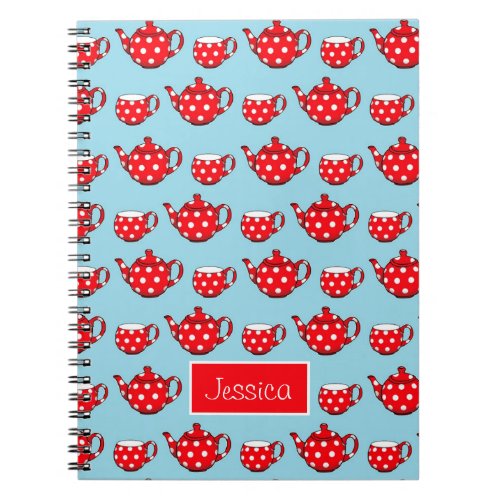 Spotty Red Teapot and Cups Pattern Personalized Notebook