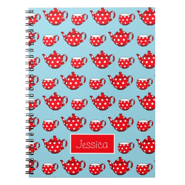 Spotty Red Teapot and Cups Pattern Personalized Notebook (Front)