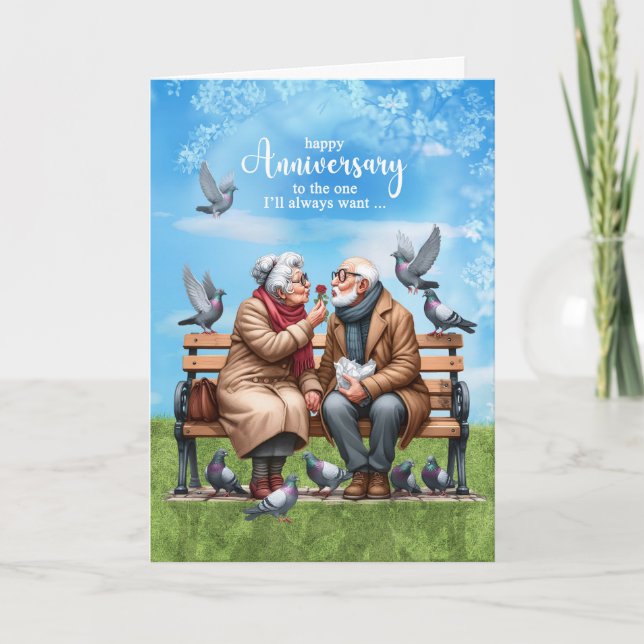 Spouse Old Couple on a Bench Wedding Anniversary Card (Front)