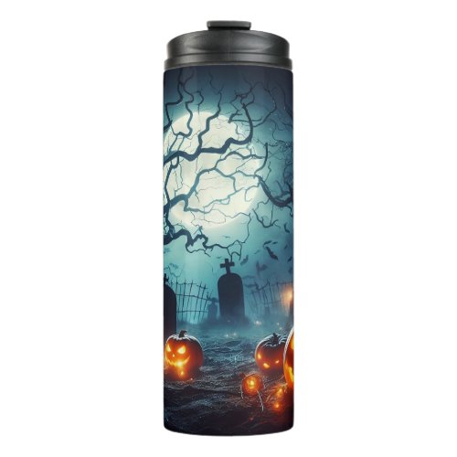 Sppoky Halloween Design with Glowing Pumpkin Moon Thermal Tumbler