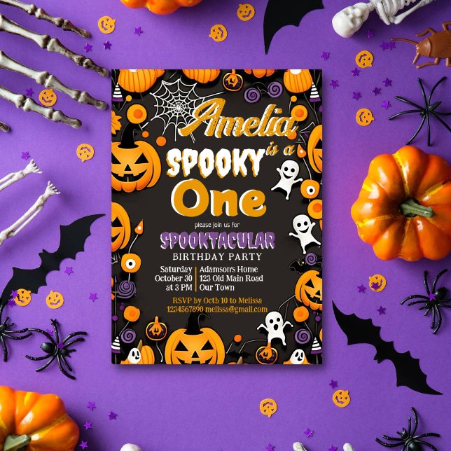 Sppoky one Halloween birthday groovy retro Invitation (Spooky one Halloween birthday party template invitation instant download baby ghosts jack o lanterns)