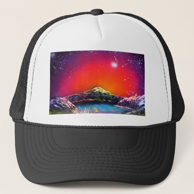 Spray Paint Art Mountain Pond Sunset Painting Trucker Hat (Front)