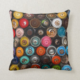 Spray paint cans, graffiti, throw pillow