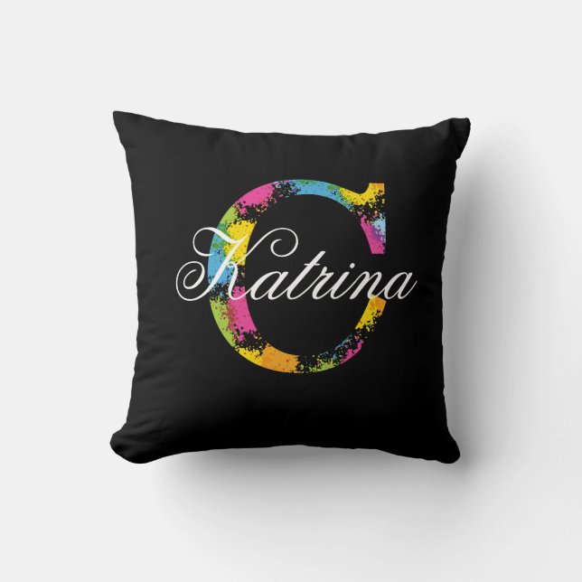 Spray Paint Monogram C With Custom Name On Black Throw Pillow (Front)