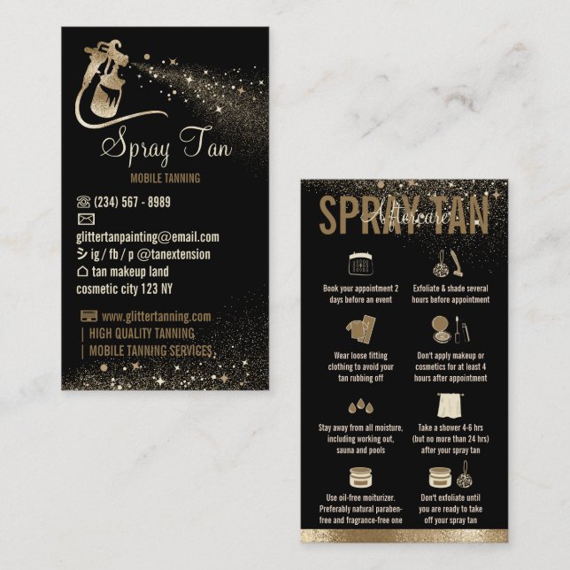 Spray Tan Aftercare Instructions Sparkle Gold Business Card (Front/Back)