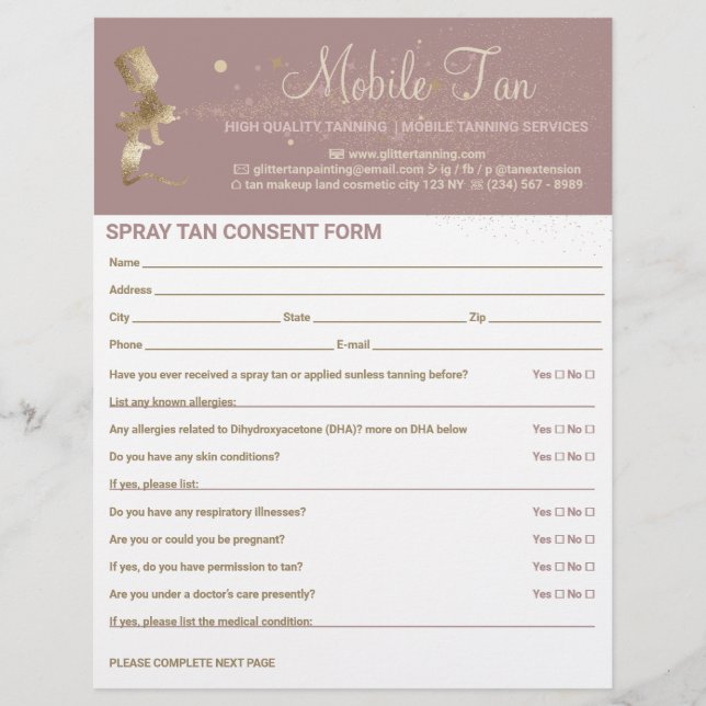 Spray Tan Business Plan Pink Consent Waiver Form Flyer (Front)